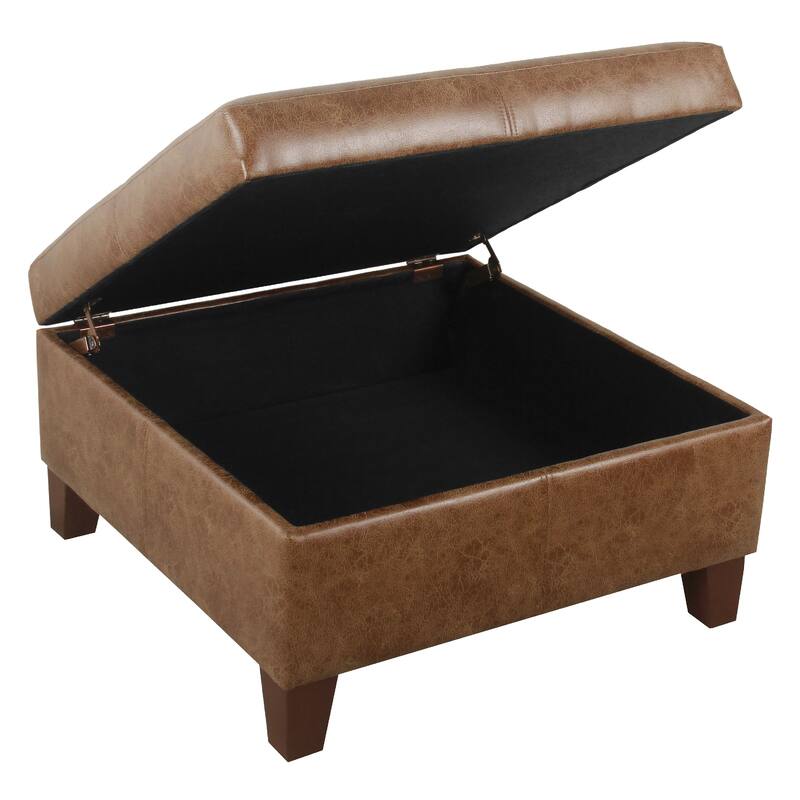 Leo Square Storage Ottoman, Distressed Brown Faux Leather, 28 Inch
