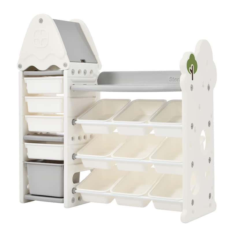 Roomfitters Bookshelf Organizer with 17 Bins and 5 Shelves, Multi Functional Storage Cabinet for Home