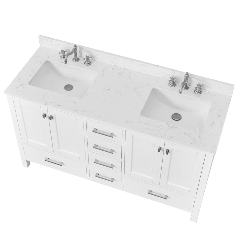 Nephelily 60 inch Transitional White Bathroom Vanity, Double Sinks - Cultured Marble Top Carrara White