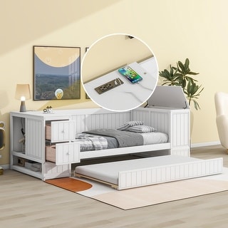 Twin Size Daybed with Storage Arms, Trundle & Charging Station, White