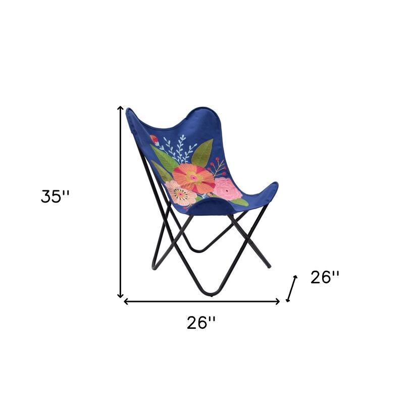 HomeRoots 26" Blue And Black Tropical Oversized Flowers Butterfly Chair - 26' X '35' X '25.2