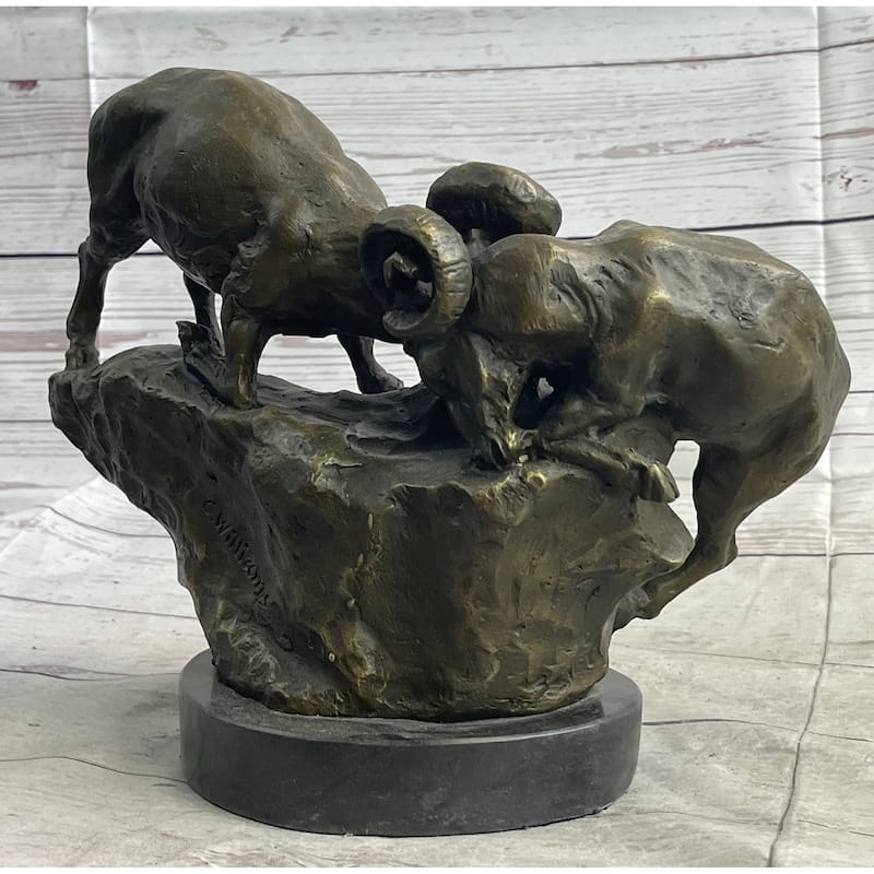 Two Rams Butting Heads Bronze Sculpture Statue Signed Art On Marble Base