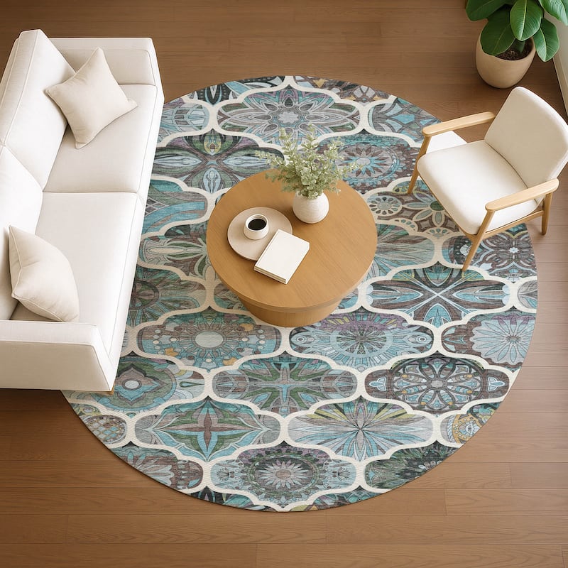 Machine Washable Indoor/ Outdoor Trellis Mosaic Chantille Rug