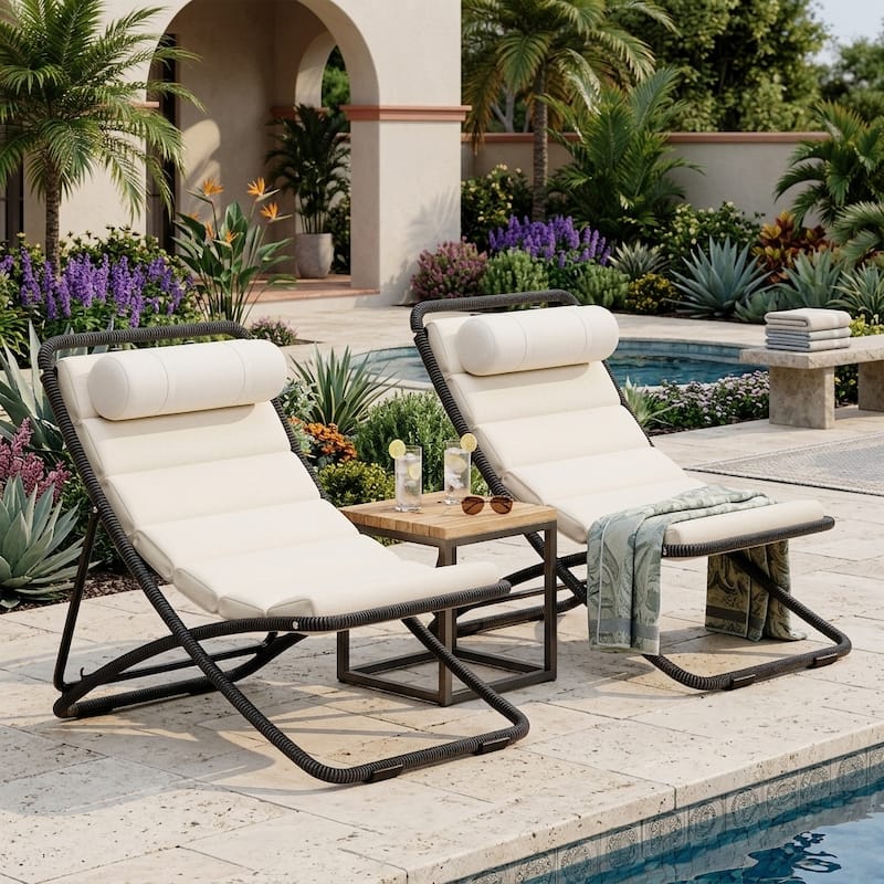 2-Piece Rattan-Wrapped Metal Frame Folding Outdoor Lounge Chair Set by Leisure Zone - Black
