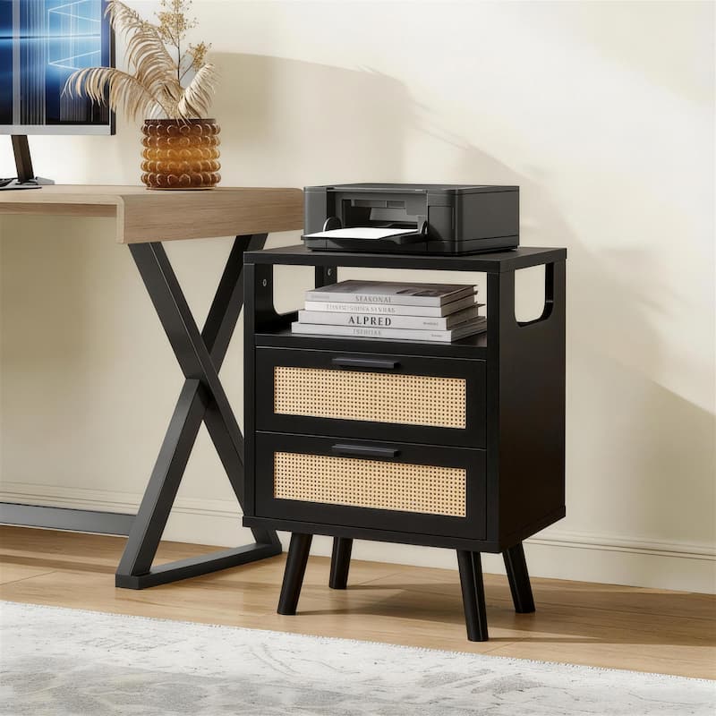 Set of 2 with 2 Drawers, 15.4" Modern Storage Bedside Table with Golden Metal Handles, Wooden End Table for Bedroom