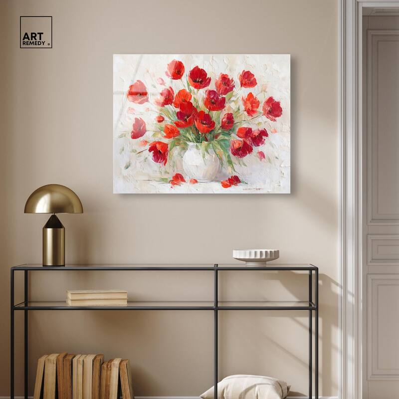 Red Blooms in a Vase Acrylic by Art Remedy, Ready to Hang
