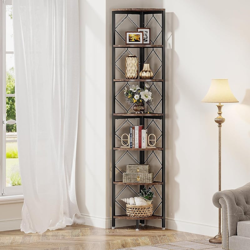 7-Tier Corner Bookshelf, Industrial Display Shelf Storage Rack