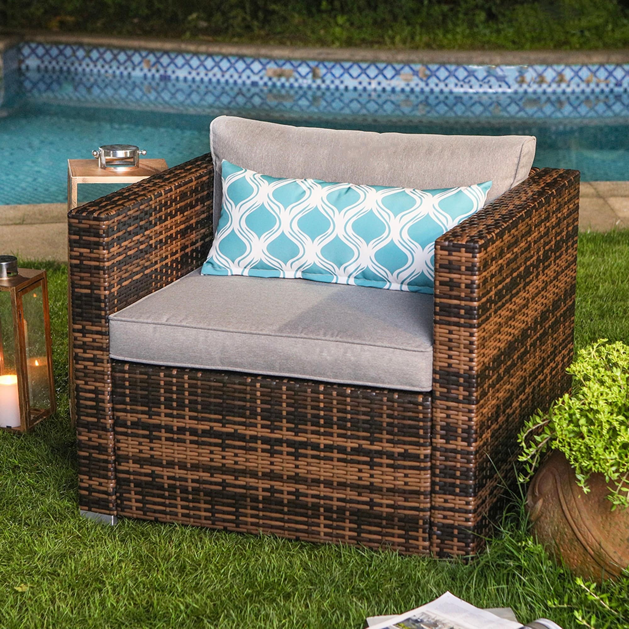Add-on Wicker Single Armless Seat in Blue Sunbury Patio Sectional Sofa Chair w Pillow in Psychedelic Colors Elegant Outdoor Furniture Seating for Backyard