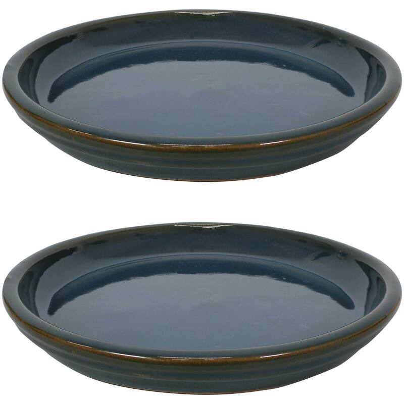 Sunnydaze Set of 2 Glazed Ceramic Planter Saucers - 12" - 12 in - Forest Lake Green
