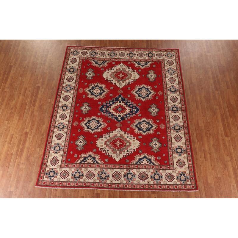 Geometric Red Kazak Oriental Area Rug Hand-Knotted Wool Carpet - 8'3"x 10'0"