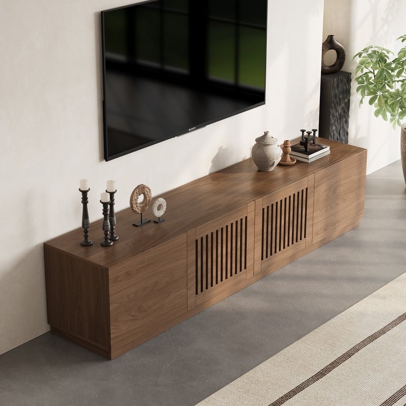 78" Mid Century Modern TV Stands, Brown Wood Texture, Wood Midea Console with 4 Cabinets