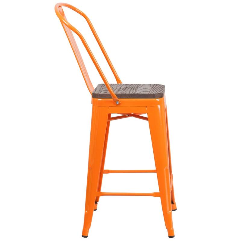 4 Pack 24" High Metal Counter Height Stool with Back and Wood Seat - 17.75"W x 20"D x 39.25"H