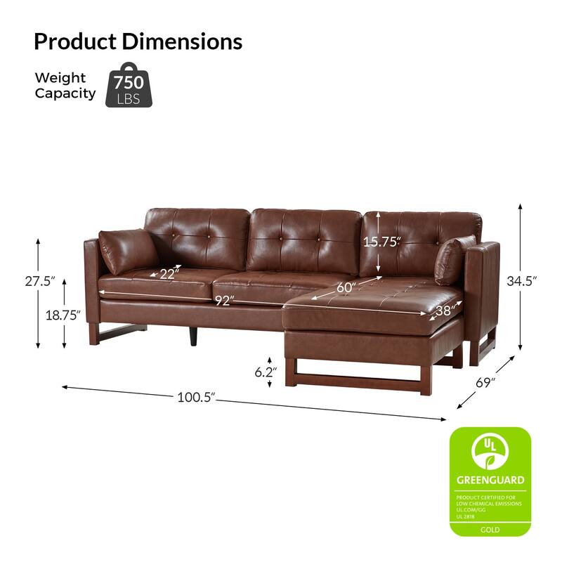 Frances Mid-century Style Genuine Leather Sectional Sofa and Chaise with Soild Wood Legs by HULALA HOME