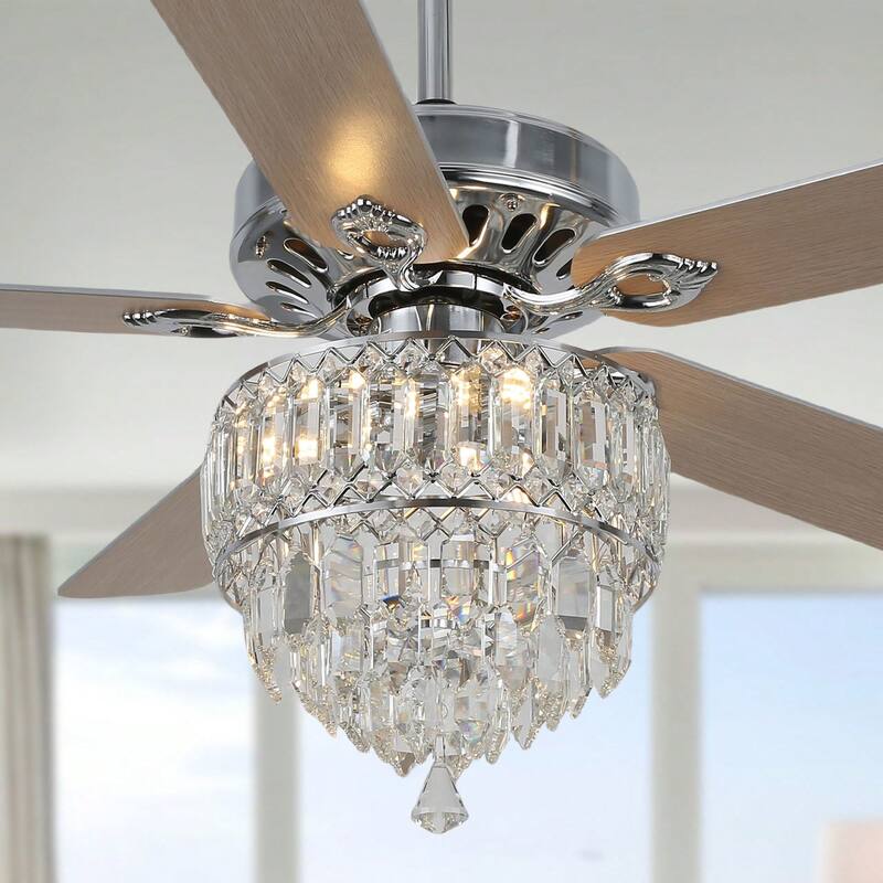 Cusp Barn 52.in. Modern Crystal Ceiling Fan with Remote and Pull Chain, 3 Speeds AC Motor Reversible Ceiling Fan for Bedroom - Chrome