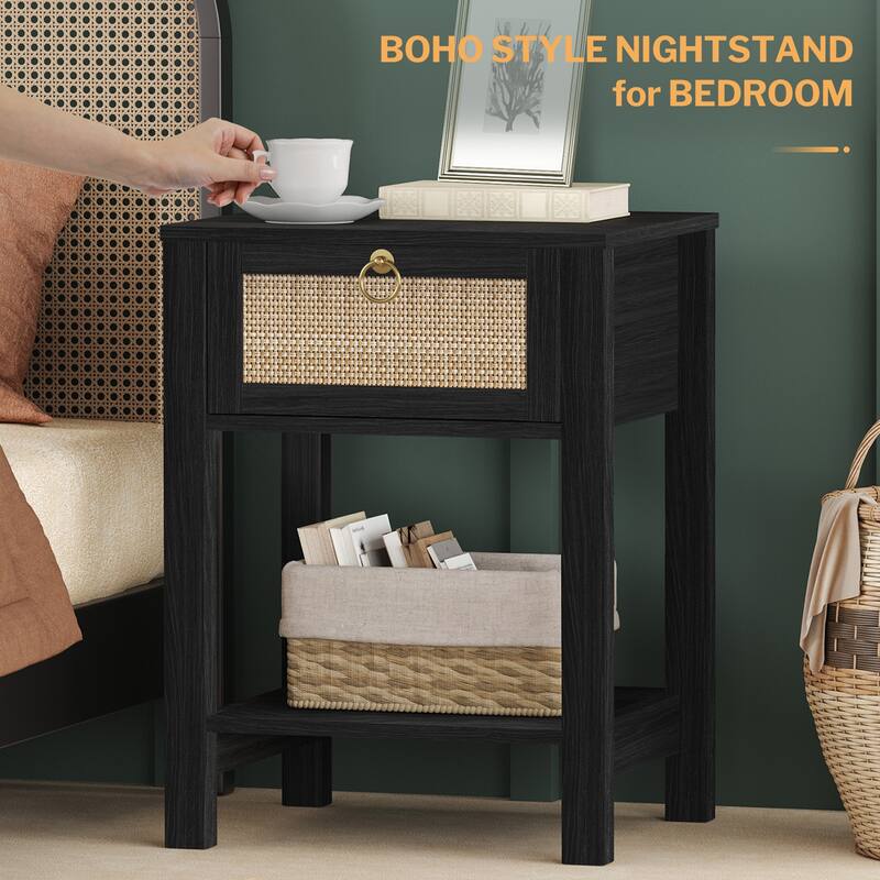 SICOTAS Farmhouse 1-Drawer Rattan Nightstand