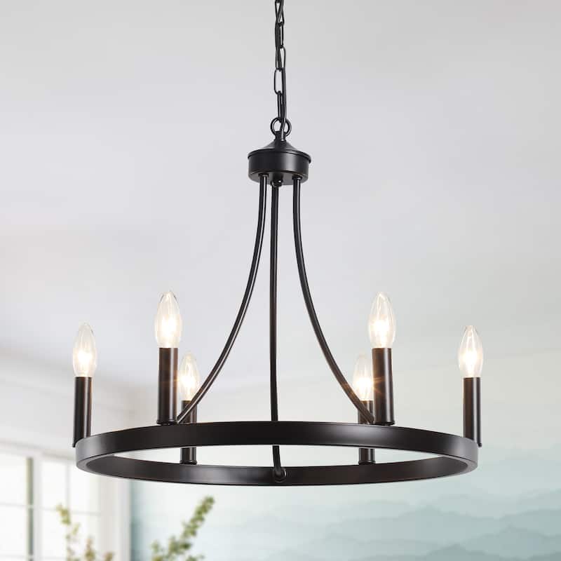 6-Light Farmhouse Candlestick Circle Hanging Wagon Wheel Chandelier Lighting for Kitchen Island - Black
