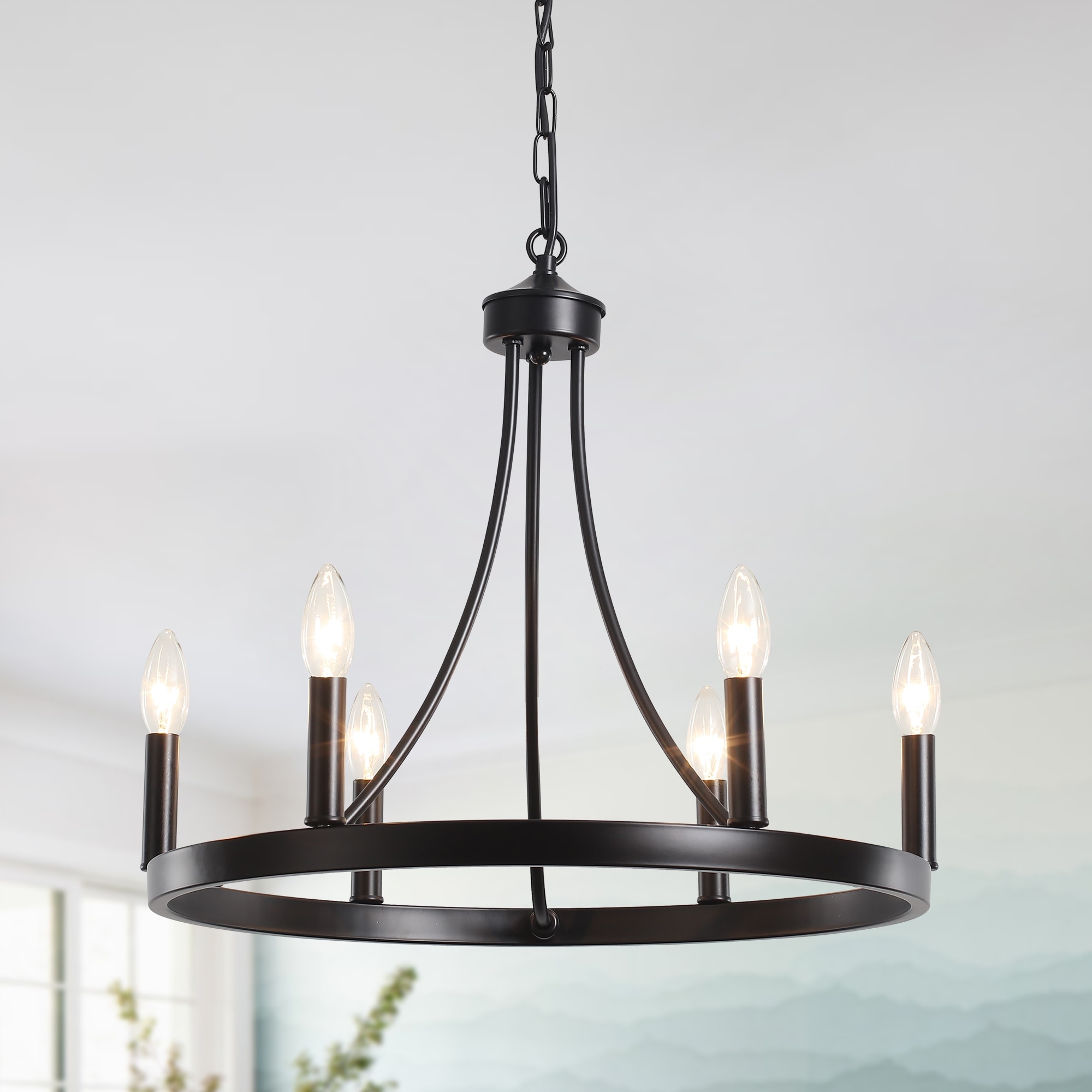 6-Light Farmhouse Candlestick Circle Hanging Wagon Wheel Chandelier Lighting for Kitchen Island