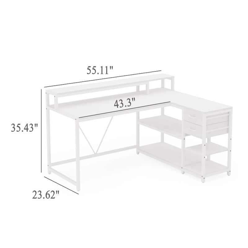 Executive Desk, L Shaped Top, Portable File Cabinet, 55 Inch White
