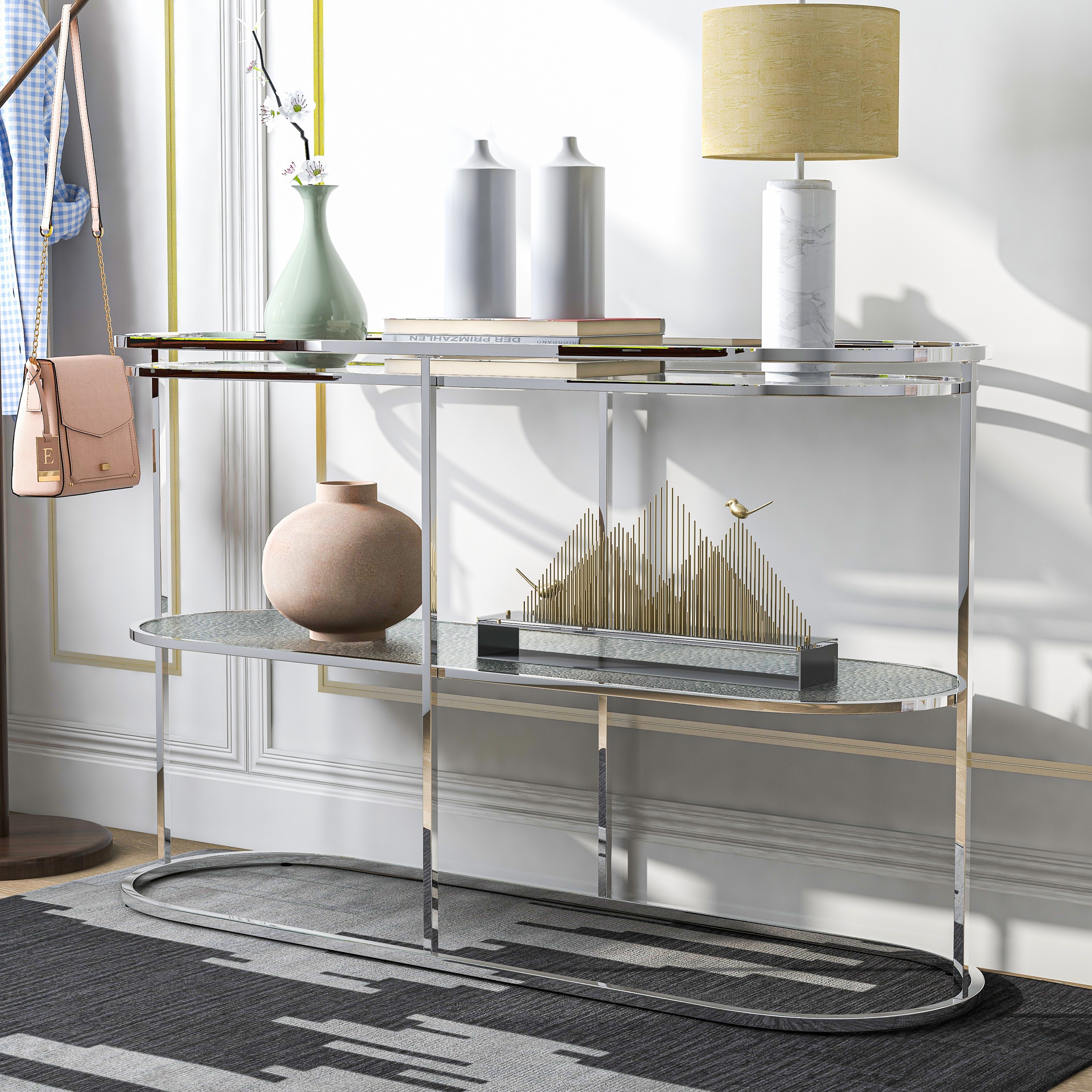 Furniture of America Taylaa Glam Chrome 48-inch Glass Top 1-Shelf Sofa Table