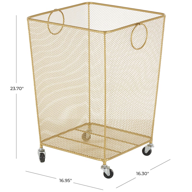Metal Square Mesh Wire Rolling Laundry Storage Cart with Ring Handles - Black or Gold - Roche River Decor