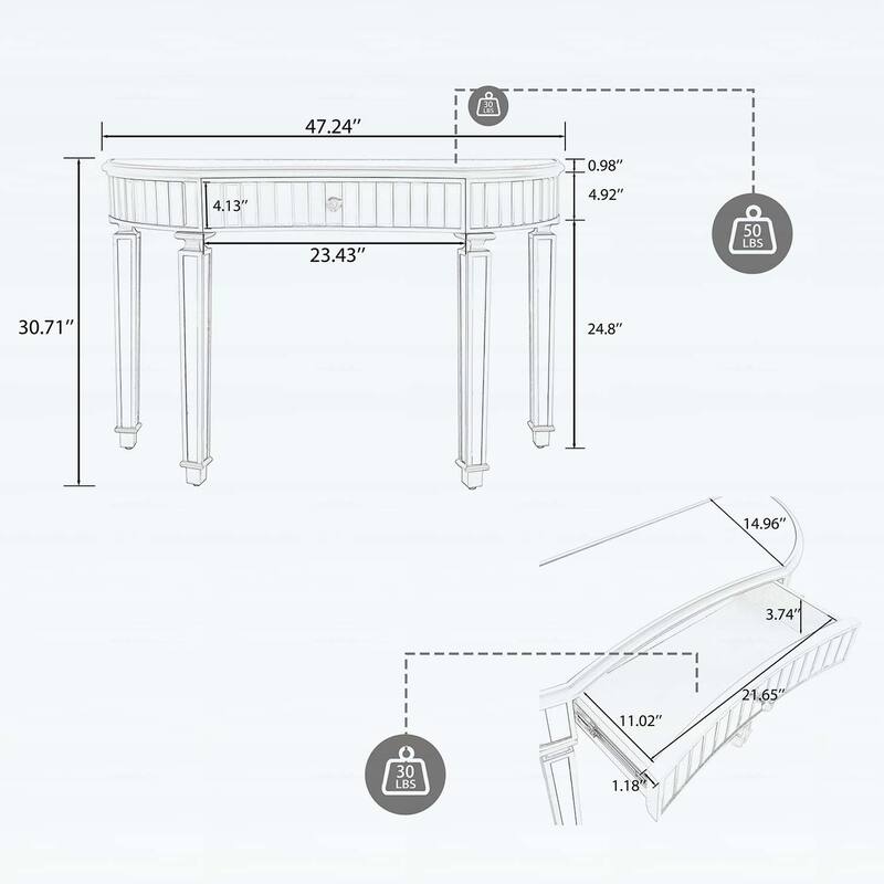 47-Inch Half-Moon Mirrored Console Table with Fluted Glass