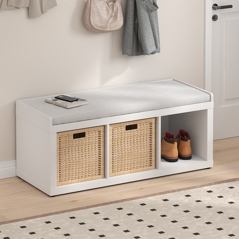 Furinno Cubicle 3-Cube Storage Bench with Comfy Cushion for Entryway, Living Room, White