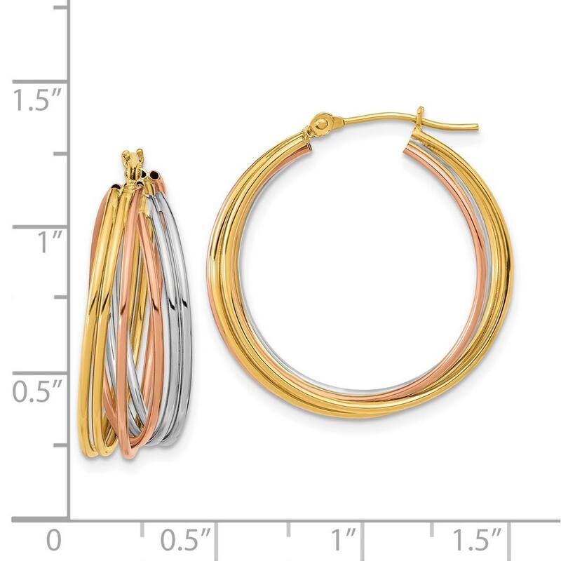 Curata 14k Tri color Gold Rolling Ring Tube Hoop Earrings 25.6x6.4mm