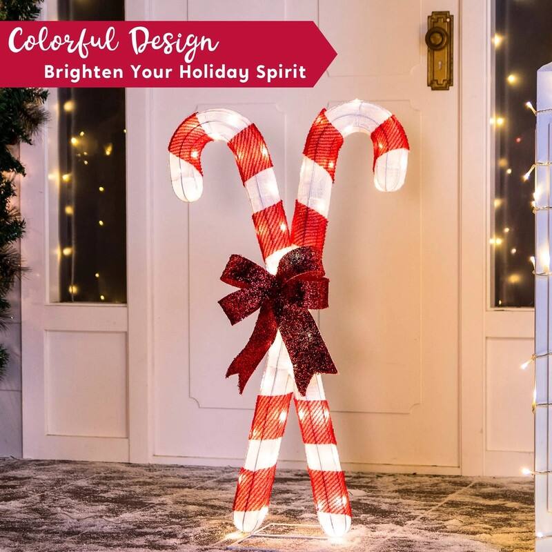 2.78 ft. Tall White & Red Tensil Candy Canes LED Yard Lights - White and Red