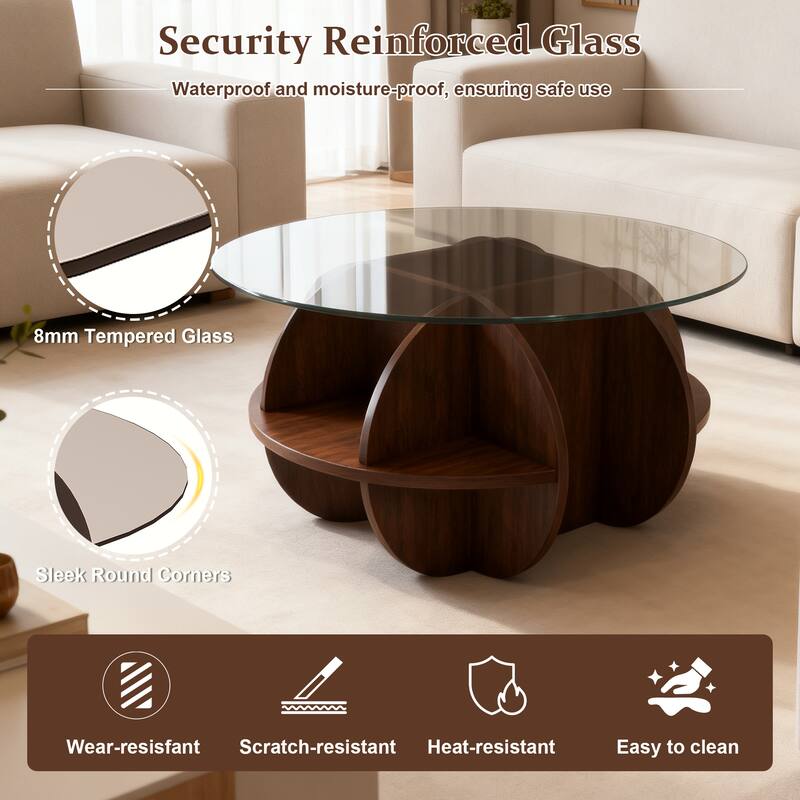 Round Coffee Table with Storage, 31.5 Inch Modern Farmhouse Center Table with Tempered Glass Top and Wooden MDF Frame
