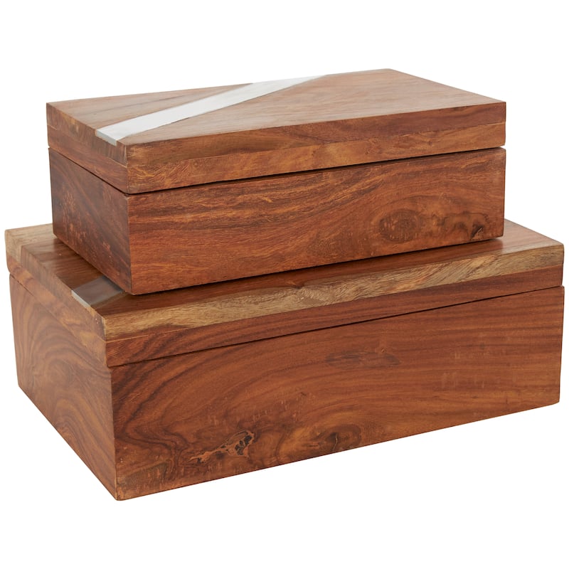 Mango Wood Box with Silver Diagonal Stripes - Set of 2 Brown - Roche River Decor - 7"W x 11"L x 4"H