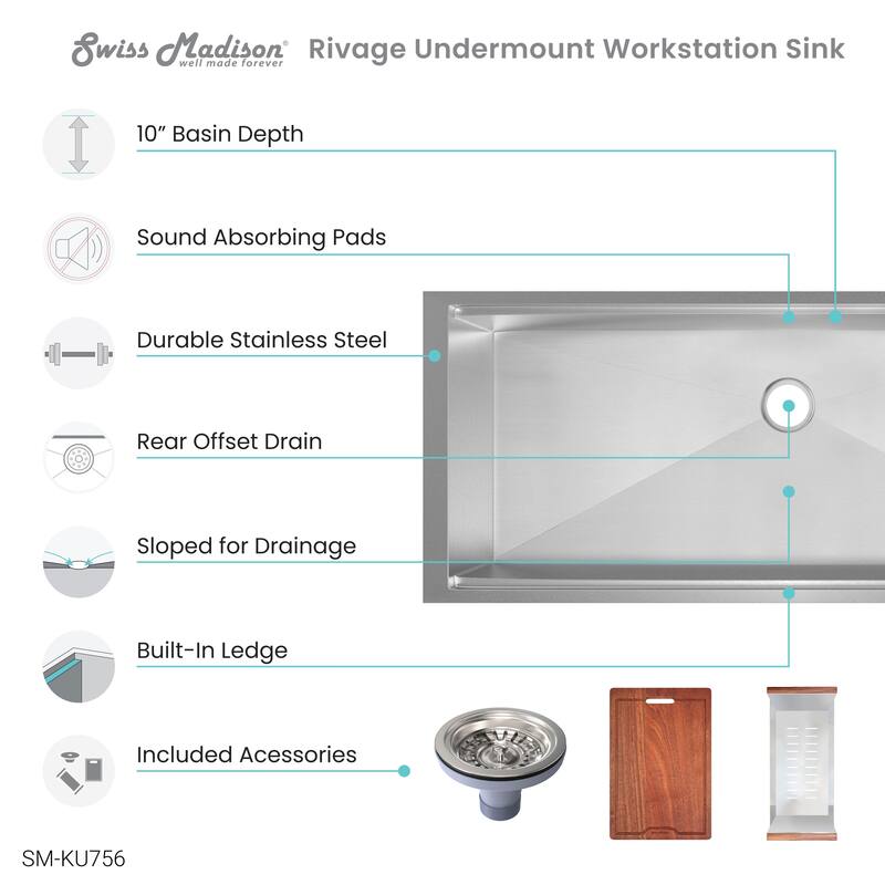 Rivage 45 x 19 Single Basin Undermount Kitchen Workstation Sink - 45 x 19