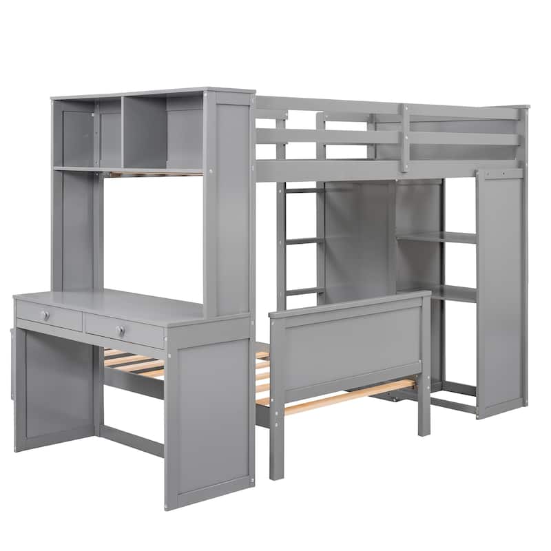 Twin size Loft Bed with a Stand-alone bed, Shelves,Desk,and Wardrobe-Gray