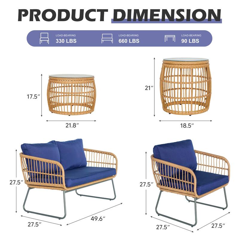 5 Pieces Patio Furniture Set, Outdoor Wicker Patio Conversation Set, Loveseat with Cushion and Pillow, 2 Tempered Glass Table
