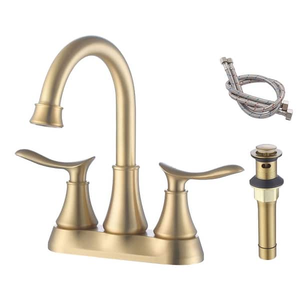 slide 2 of 29, 4 Inch Centerset Bathroom Sink Faucet Dual Handle Bathroom Faucet with 360°Swivel Spout Vanity Tap with Pop Up Drain Brushed Gold