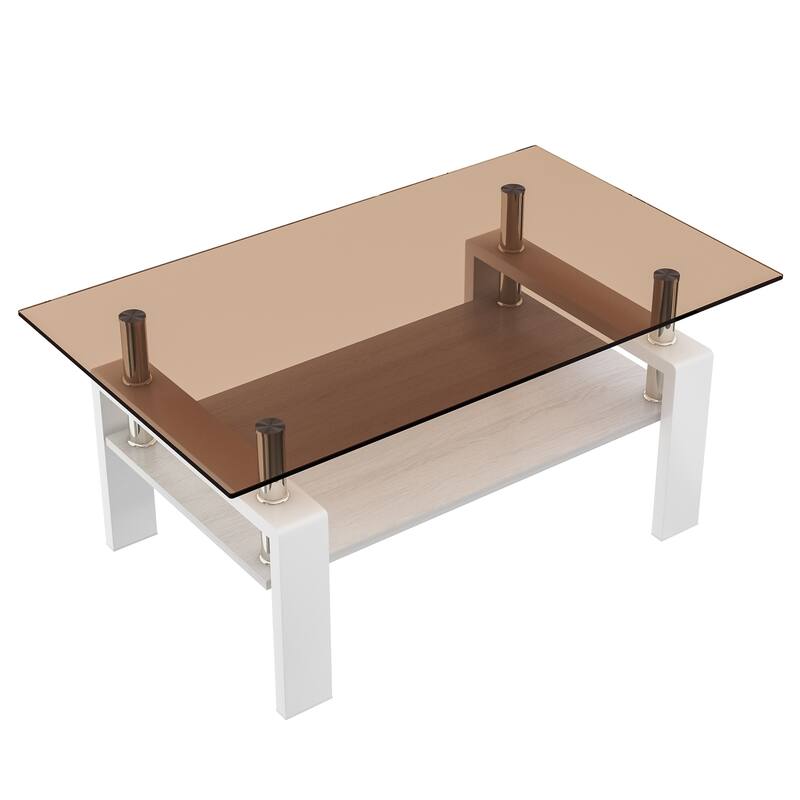 Rectangle Coffee Table, Tempered Glass Tabletop with MDF Layer, Modern Table for Living Room, Brown Glass