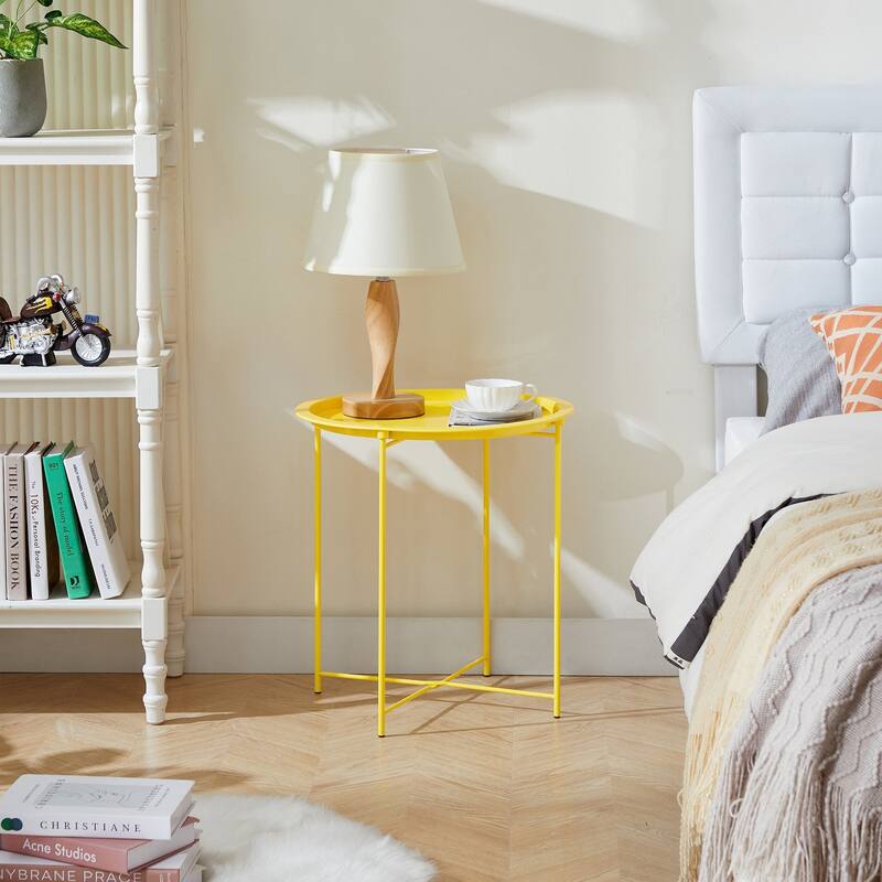 VECELO Side/End Table, Folding Round Metal Anti-Rust and Waterproof Outdoor for Living Room Bedroom,Nightstands