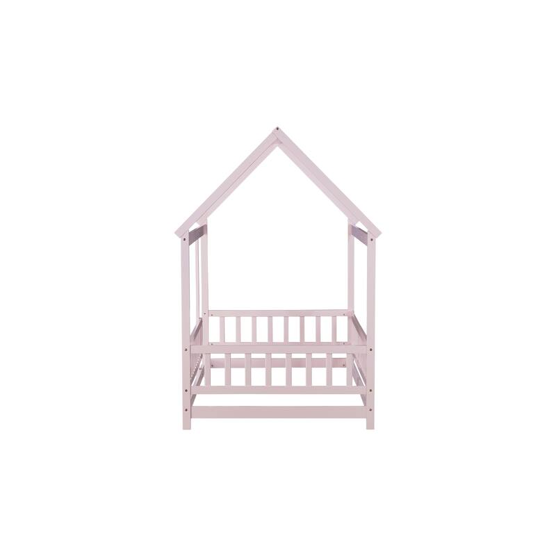 Twin Floor Bed with House Roof Frame, Safety Guardrails, and Fence Design