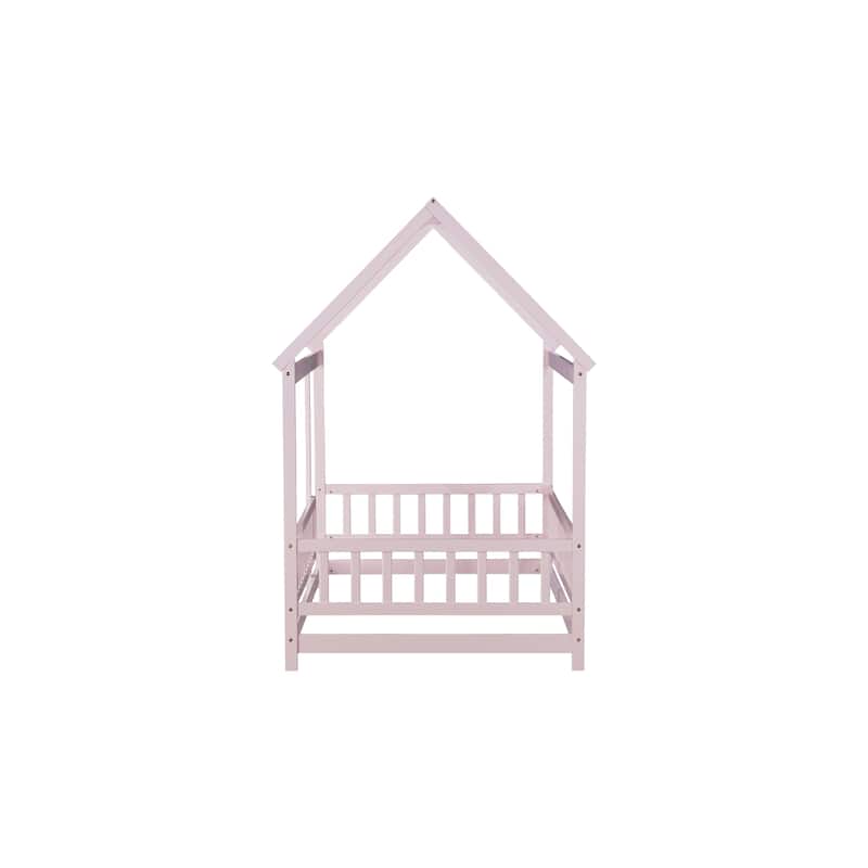 Twin Size House Floor Wooden Bed with Roof Frame