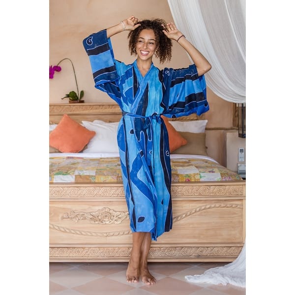 Spa Robe Batik Novica Handmade Cerulean Ocean Rayon Batik Robe - Bed Bath & Beyond ...