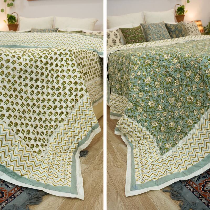 Fabdivine Hand Block Print Blue Green Floral Organic Cotton Quilt - Natural Boho Decorative Bedding, Reversible Handmade Design