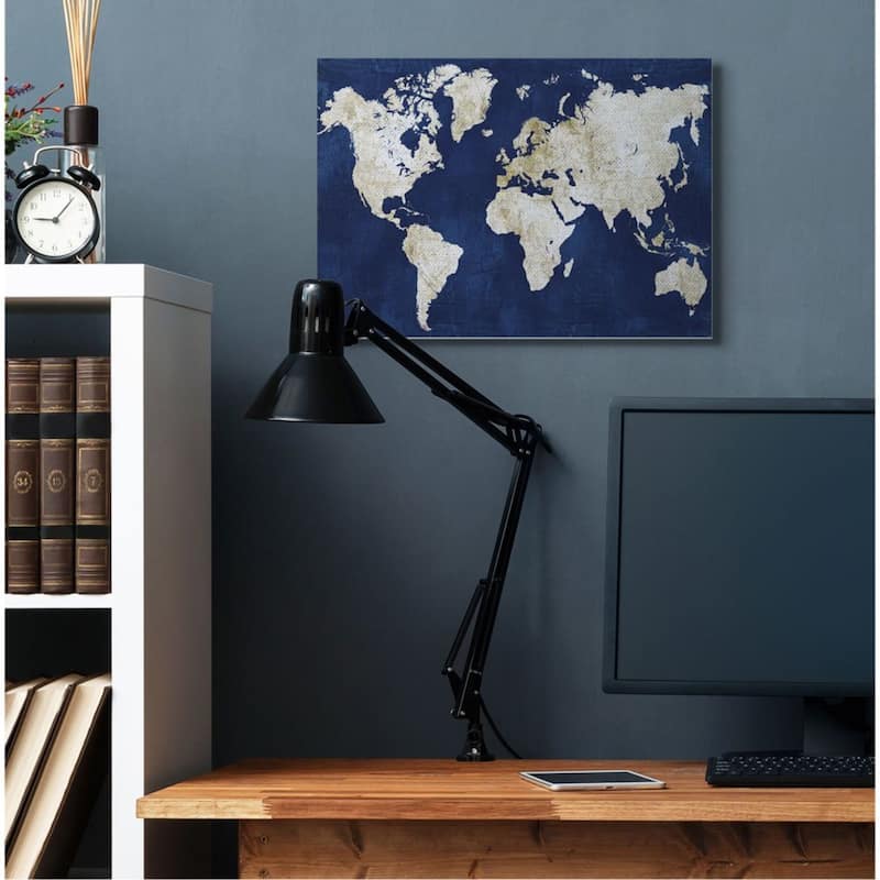 Stupell Navy and Distressed Gold World Map Canvas Wall Art