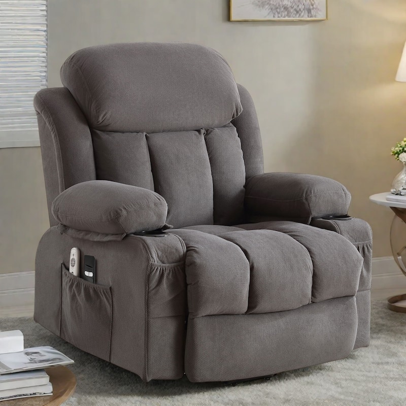 Electric Recliner Chair with Massage and Heat, USB Port, Cup Holders and Side Pockets, Adjustable Vibration Modes and Heating - Grey