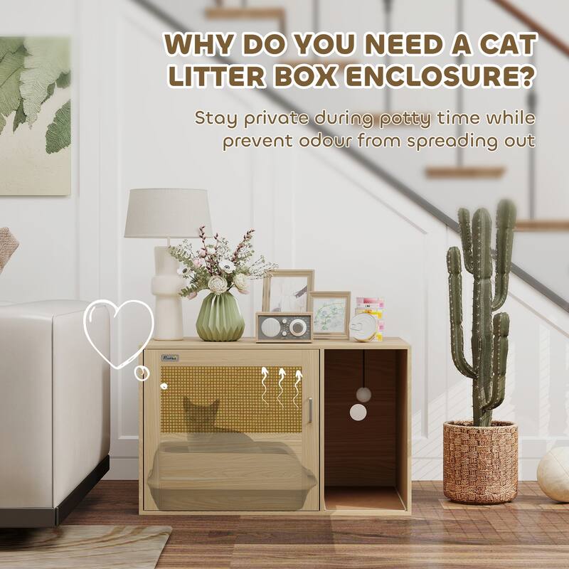 PawHut Cat Litter Box Enclosure with Rattan Door, Hidden Litter Box Furniture Hidden with Scratching Mat, Oak