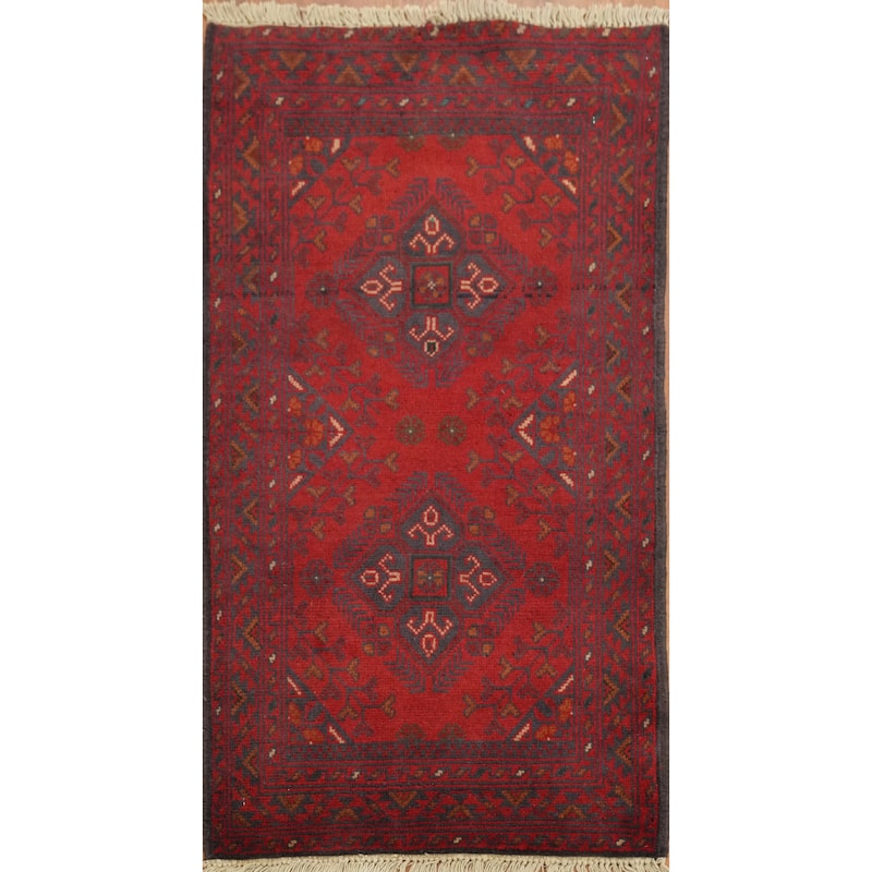 Hand Knotted Oriental 100% Wool Carpet Traditional Geometric Red Balouch Area Rug - 3' 3'' X 1' 9''