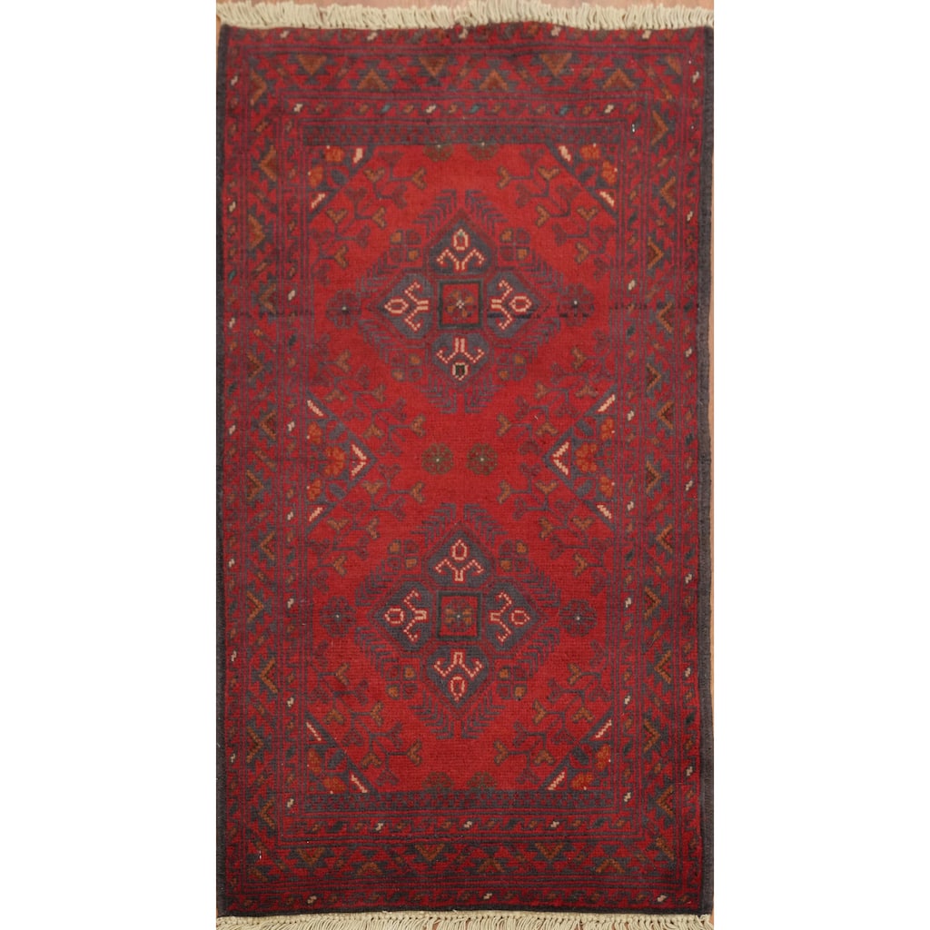 Hand Knotted Oriental 100% Wool Carpet Traditional Geometric Red Balouch Area Rug - 3' 3'' X 1' 9''