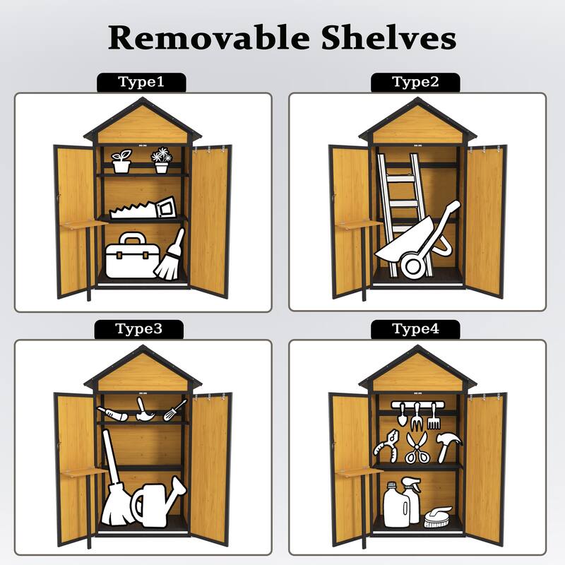 Wood Storage Cabinet Shed with Foldable Table & Removable Shelves Garden Tool Shed, Hooks, Lockable Doors