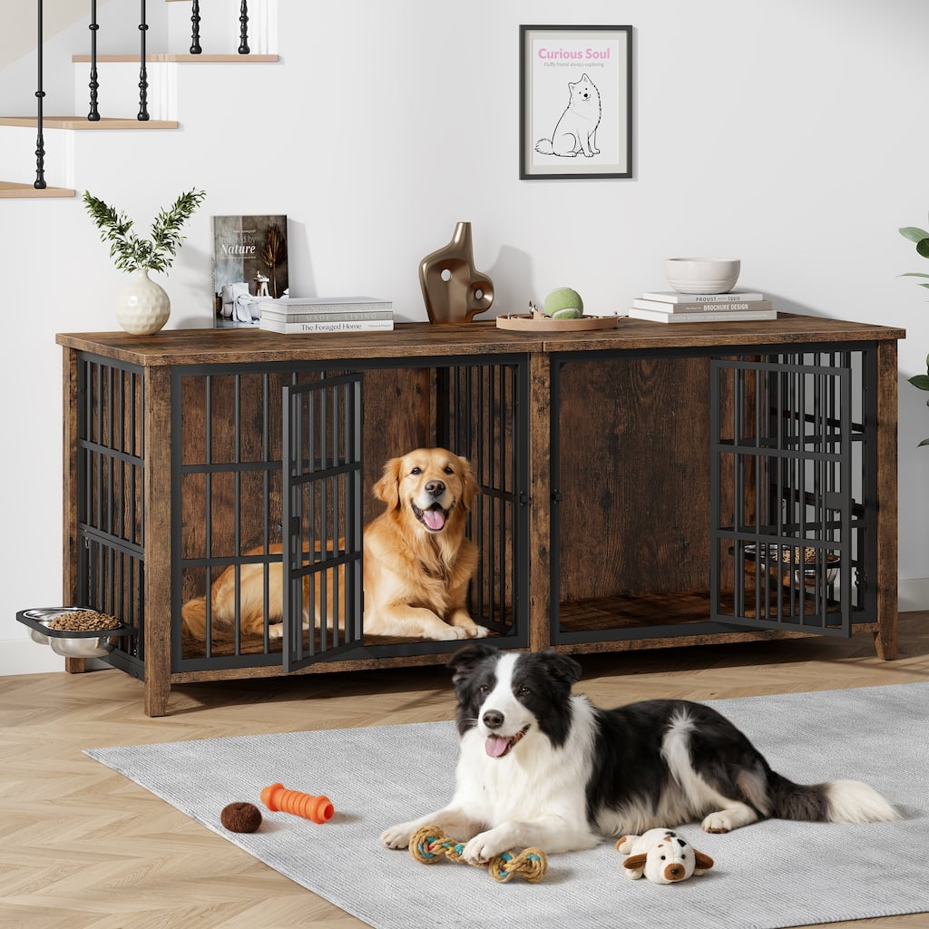 Large Dog Crate Furniture, 78"L Wooden Dog Crate Kennel with Removable Divider