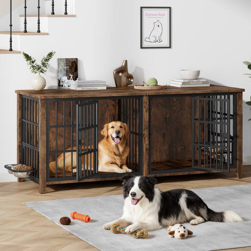 Large Dog Crate Furniture, 78"L Wooden Dog Crate Kennel with Removable Divider - Brown