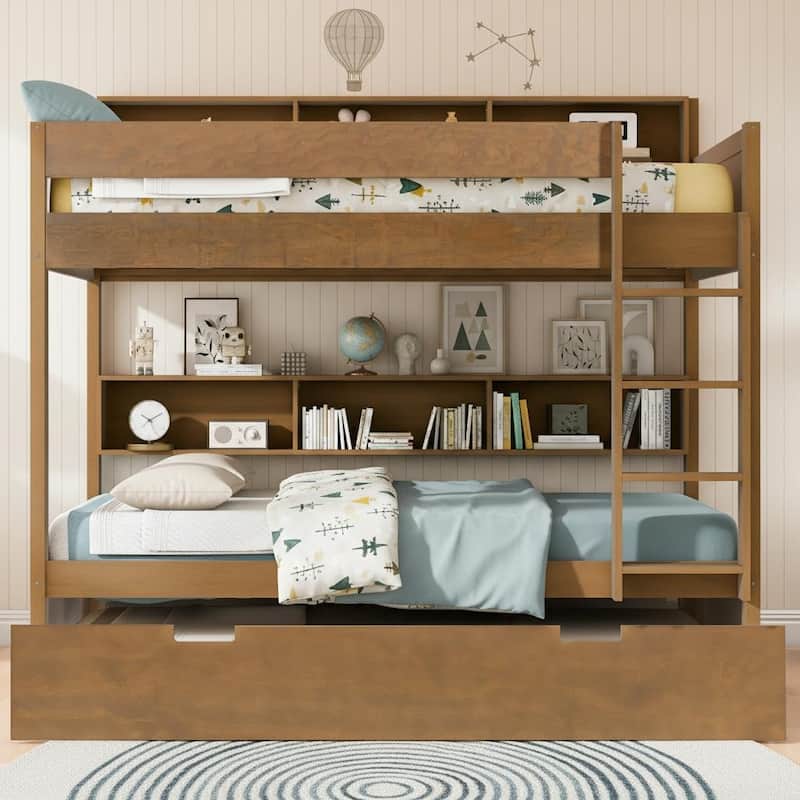 Bunk Bed with Trundle & Dual-Side Storage Shelves by Harper&Bright Designs - Wood - Full