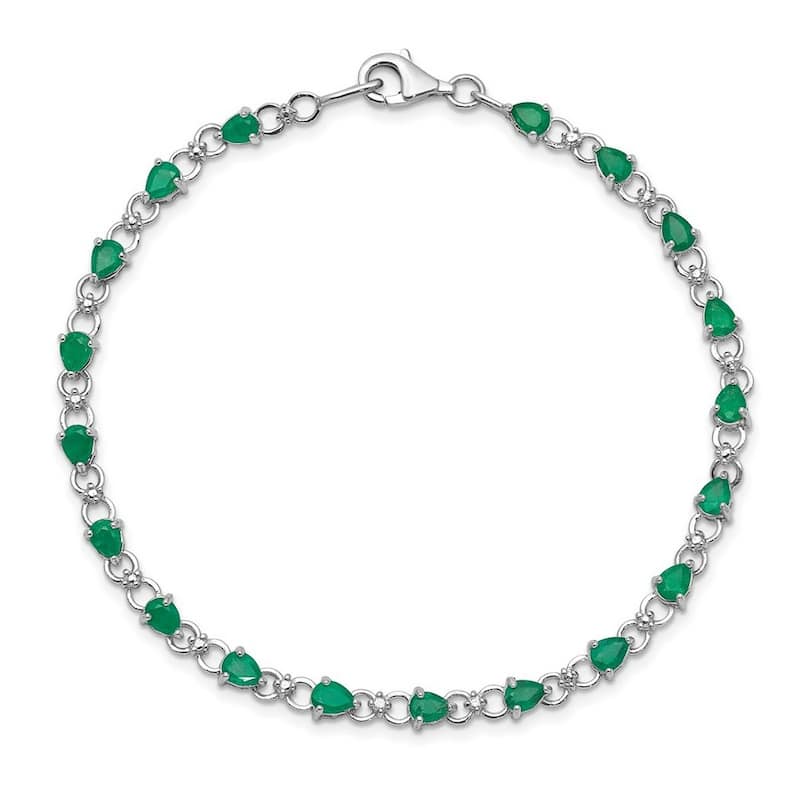 Curata 925 Sterling Silver Polished Open back Fancy Lobster Closure Emerald and Diamond Bracelet